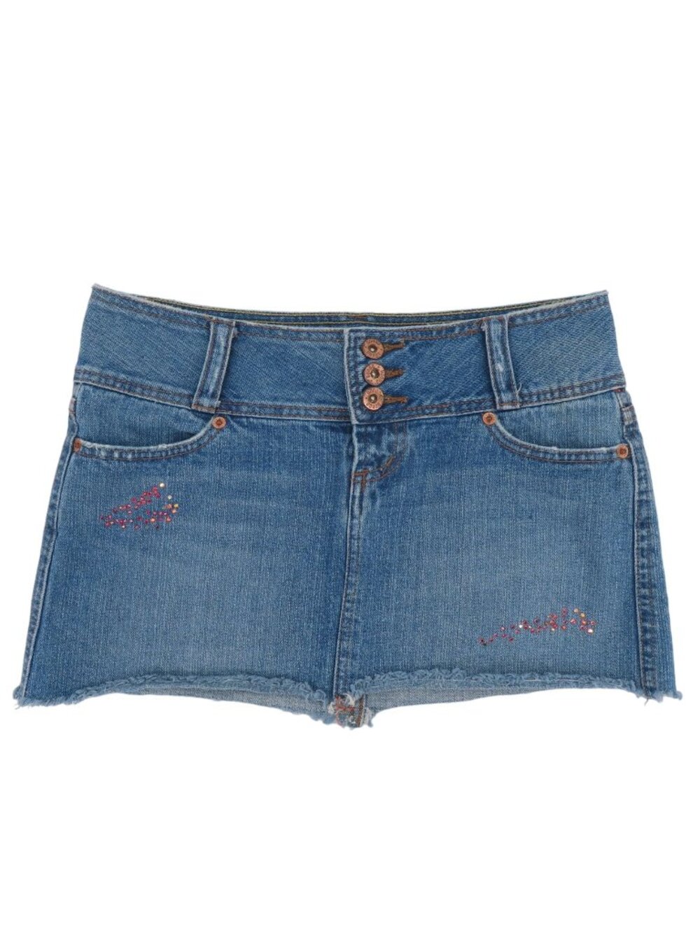 BONGO Juniors 7 Blue Jean Denim Mini Skirt Rhinestone Bling Accents Pockets Y2K